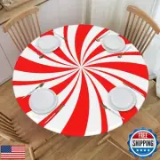 CJXPJZPLD Red and White Peppermint Christmas Round Elastic Tablecloth Edge Fi