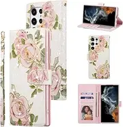 UEEBAI Wallet Case for Samsung Galaxy S21 Ultra 5G, PU Leather Phone Case Kickstand RFID Blocking Flip Case with Card Slots Wrist Strap Relief Engraved Pattern Magnetic Closure Folio Case - White Rose
