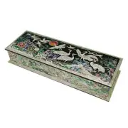 Mother of Pearl Inlay Desk Wood Pen Pencil Brush Holder Lid Case Box Organizer