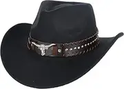 [Boarle] Western Cowboy Hat with Unique Bull Head Decoration and Edge Design Outdoor Sun Protection Hat Stylish Felt Hat for Hiking Versatile Wool Cowboy Hat Black