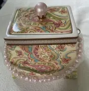 Rare Hallmark Paisley Purse Make Up Jewelry Trinket Case Pearl Handle 7”x7 1/2”