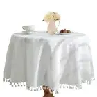 White Embroidery Tablecloth Rustic Round Coffee Tablecloth with Tassel for Di...