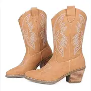 [gioanroca] Womens Cowboy Boots Embroidered Western Cowgirl Mid Calf Boots with Block Chunky Heel Comfortable Retro Pull On Pointed Toe Wide Calf Long Tall