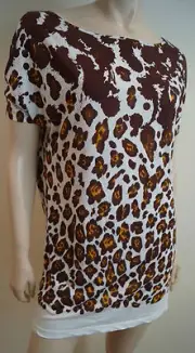 STELLA MCCARTNEY Brown Cream Cotton Leopard Print Short Sleeve Tee Top 40 UK10
