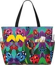 [Ghjkfbf] Colorful Ladybird Print Large Capacity Beach Travel Bag For Family, Beach Tote Bag For Women With Zipper Pockets, Black, One Size