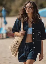 [Lorna Jane] Off Duty Denim Overshirt in Blue, Size - Small S French Navy