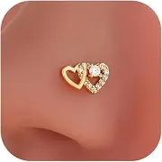 [Dtexhif] 14K Gold Plated Heart Nose Stud for Women Silver Plated Heart Nose Ring with Faux Diamond CZ Hearts Noses Rings Piercing Jewelry