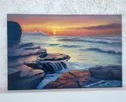 Seascape Oil Painting Original Sunset Ocean Pacific Coast Cliffs 14×24"