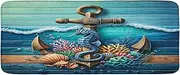 Ambesonne Nautical Kitchen Mat, Anchor Deep Ocean Colors of Marine Life Seahorse Shells and Reef Shore, Plush Decorative Kitchen Mat with Non Slip Backing, 47" X 19", Sea Blue Amber Teal