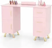 Costway Manicure Table Nail Desk with Drawers, Wrist Rest, Metal Legs, Nail Tech Station, Wooden Technician Workstation Nail Art Equipment for Spa Beauty Salon Makeup, Acetone-Resistant Desk (Pink)