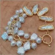 LAnGSHAW 8'' Natural Freshwater White Biwa Keshi Pearl Pave Potato Pearl Chain Wrap Bracelet