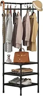 iDopick Corner Coat Rack,Freestanding Sturdy High Hall Trees Corner Shelf Stand with Shoe Storage 3 Tier and 10pcs Hooks for Entryway,Dress Room,Bedroom,and Living Room, Black