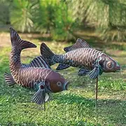 Garden Sculptures & Statues | Garden Statues | Fish Statue | Antique Copper Fish Garden Statue | Set of 2 Fish Sculpture Garden for Outdoors, Patio Decor, Backyard and Home Kitchen Decoration