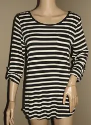 NWT PINK ROSE M BLACK HEATHER OATMEAL STRIPE POCKET BUTTON TAB ROLLED SLEEVE TOP