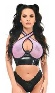 DAISY CORSETS Lavish Lt Pink/Black Vinyl & Fishnet Halter Top Underwire Cincher