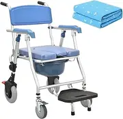 Folding Bedside Commode Shower Chair with Wheels Non-Slip Shower Wheelchair Solid Construction Easy Assembly for The Elderly Disabled Pregnant Woman (with Incontinence Bed Pad) A(A)