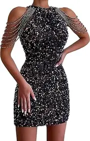 [Generic] Women's Cocktail Sleeveless Backless Sequin Evening Party Formal Dress Elegant Sexy Off Shoulder Bodycon Mini Dresses