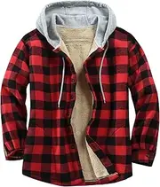 [Derbars] Men's Cotton Plaid Shirts Jacket Fleece Lined Flannel Shirts Sherpa Button Down Jackets with Hood for Men