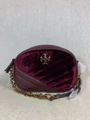 NWT Tory Burch Black Cherry Kira Chevron Velvet Small Camera Bag $358