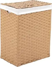 [Seville Classics] Premium Handwoven Portable Laundry Bin Basket with Carrying Handles, Household Storage for Clothes, Linens, Sheets, Toys, Tan, Rectangular Hamper