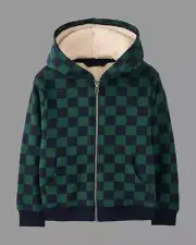 Hanna Andersson Shearling Lined Hoodie Kids 100 cm US 4 Green Checkered Zip Up