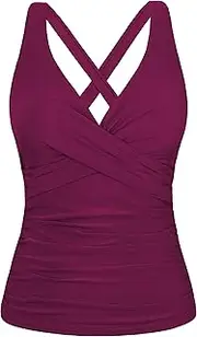 [Firpearl] Women Underwire Tankini Top Only Twist V Neck Swimsuits for Big Busted Ruched Tummy Control Bathing Suits Top, Amaranth, 16