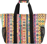 [sanluoli] Tote Bags Foldable Large Beach Bag Water Resistant Canvas Carrying Bag, Traditional Geometric Shapes, 1 size