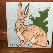 Jack Rabbit w/Cactus Painted tile by Pumpkin Tile - W202 - 6 x 6"