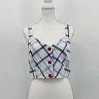 Red Carter Womens L Blue White Plaid Linen Button Front Sleeveless Crop Top
