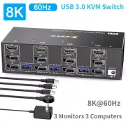 8K@60Hz HDMI Displayport KVM Switch USB 3.0 3 Monitors 3 Computers 4K@144Hz