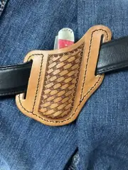 Tan Tooled Basketweave Leather Pancake Sheath For Trapper Knives