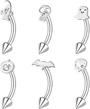 [ZS] 6Pcs 16G Skull Stainless Steel Eyebrow Piercing, Halloween Eyebrow Rings Spiderweb Pumpkin Belly Rings Bat Rook Earrings Internally Threaded Curved Barbell for Women