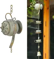40" H Teapot & Cups Rain Chime with Bell Hanging, Green Patina…