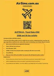 Australia Travel Data eSim 20GB with 30day validity AirSims Brand