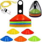 50 Pcs Agility Field Cones & Whistles, Training Football Cones, Soccer Markers Discs with Mesh Bag & Stainless Steel Sports Coach Whistles for Kids and Adults (5 Colors)