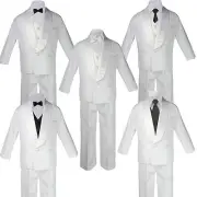 5-7pc Boys White Satin Shawl Lapel Suits Tuxedo BLACK Satin Bow Necktie Vest Set