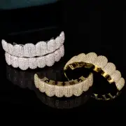 Hip Hop Grillz Top & Bottom Teeth Set Gold Silver Iced Out Bling *New*