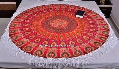 Peacock Mandala Round Beach Throw Indian 100% Cotton Tapestry Yoga Mat Tassel