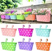 LaLaGreen Outdoor Hanging Planter (6 Pack, 11.2 Inch) Light Blue, Green, Neon Pink, Dark Blue, Orange, Peachy Pink Metal Iron Window Box Polka Dot Flower Pot Deck Railing Fence Rail Porch Garden Decor