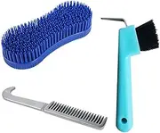 NIYATA 3Pcs Horse Grooming Brush,Horse Brushes for Grooming,with Horse Mane Comb and Horse Hoof Pick Brush,for Horse Grooming Care,Multifunction and Durable,Blue