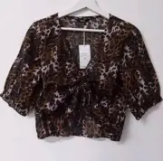 Next Womens Top Leopard Print Ruched Crop Top Animal Print Size 10 RRP £22