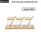 Set Of 3 Glass Spice Jar Bamboo Tray With Serving Spoon Kitchen Pantry Organiser
