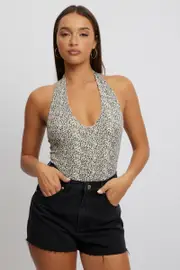 Brown Animal Print Halter Neck Bodysuit Sleeveless - Size 16XL, Women's Bodysuit