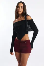 Black Bardot Knit Top Long Sleeve Open Front - Size 8XS, Women's Crop Knitted