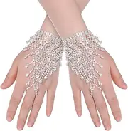 [FdcZeyxior] Rhinestone Fingerless Gloves Silver Glitter Gloves Crystal Wedding Short Glove Tassel Gloves Party Prom Hand Chain Accessories Adjustable Hand Jewelry for Women, Silver