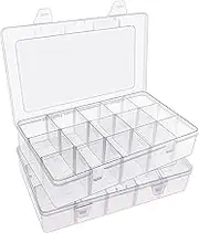 SGHUO 2 Pack 15 Girds Clear Plastic Organizer Box Storage for Washi Tape Tackle Box Jewelry Crafts Organizer, Container with Adjustable Dividers
