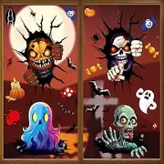 4 Sheets Halloween Window Cling Sticker Decals Decorations Double Side, Grim Reaper Skull Ghost Bat Spider Static Stickers for Halloween Party Supplies and Win
