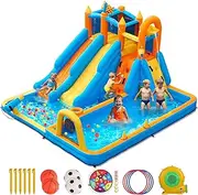 Bounce House Water Slide, 9 in 1 Inflatable Double Water Slide for Kids, Water Park with Blower, Circle, Water Tank, Soccer Goal, Climbing Wall, Basketball Hoop, Blow Up Water Slides Backyard