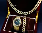 HIP HOP ICED GOLD PT BLACK LAB DIAMOND BLING-ED OUT WATCH, NECKLACE, BRACELET