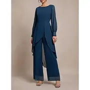 Mother of the Bride Pantsuit Classic Crew Neck Asymmetrical Hem Chiffon Long Sleeve with Solid Color